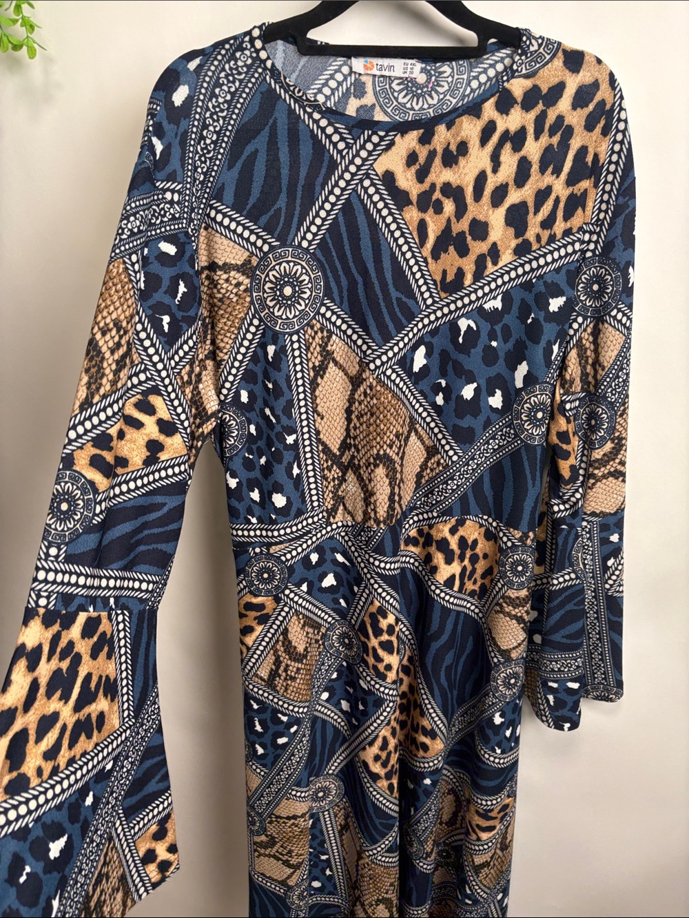 Tavin Navy & Tan Printed Dress with Geometric Motif